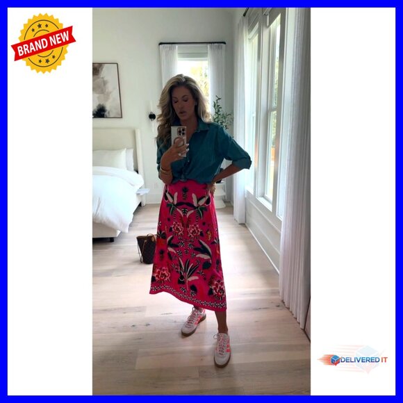 Tropical Print Midi Skirt High Waist Zipper A-Line Floral Summer Chic - Picture 6 of 7